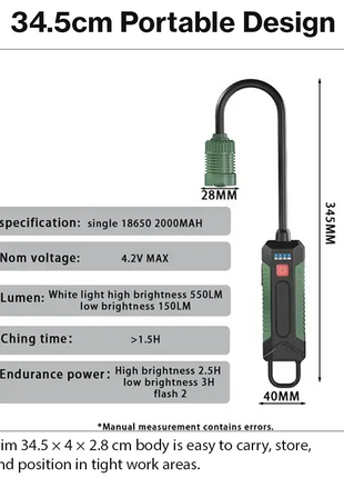 Portable Rechargeable LED Work Light with Magnetic Base, 360° Flexible Hose, Hook & USB-C Charging