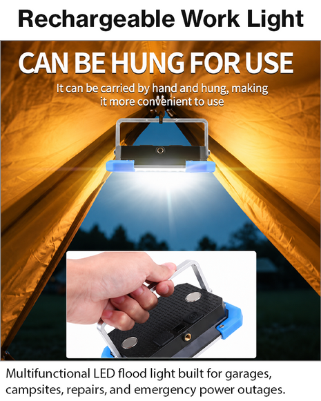 Multifunctional Rechargeable LED Flood Work Light – Warm White + COB, Power Bank Output, USB-C, 3×18650