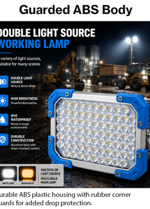 Multifunctional Rechargeable LED Flood Work Light – Warm White + COB, Power Bank Output, USB-C, 3×18650