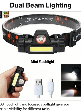 Headlamp Rechargeable Adjustable Head Strap Flashlight for Camping Running Hiking Work Light