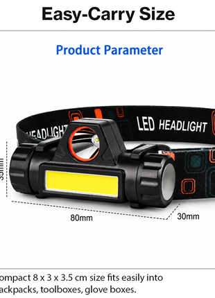 Headlamp Rechargeable Adjustable Head Strap Flashlight for Camping Running Hiking Work Light