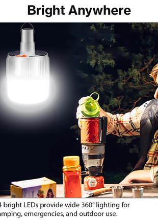 Solar LED Camping Lamp USB Rechargeable IP65 Waterproof Portable Tent Lantern with Hook, 24 LED, 5 Light Modes