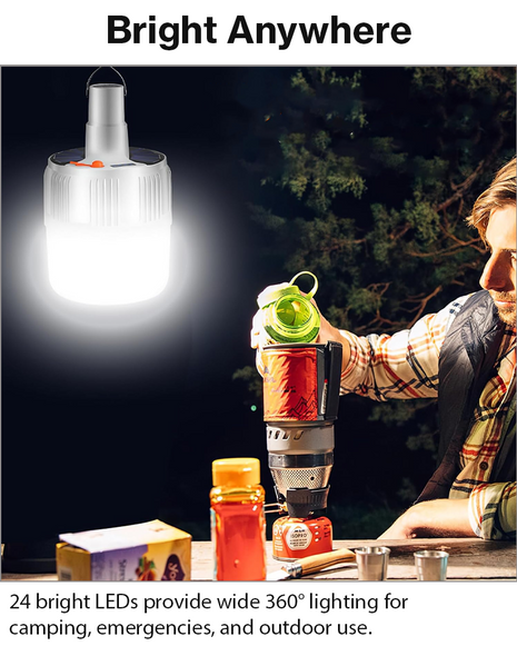 Solar LED Camping Lamp USB Rechargeable IP65 Waterproof Portable Tent Lantern with Hook, 24 LED, 5 Light Modes