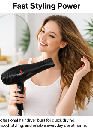 Professional Hair Dryer 6000W 220V with Diffuser & Styling Nozzle, 3 Heat Settings, 2 Speeds, Cool Shot, ABS Plastic Black