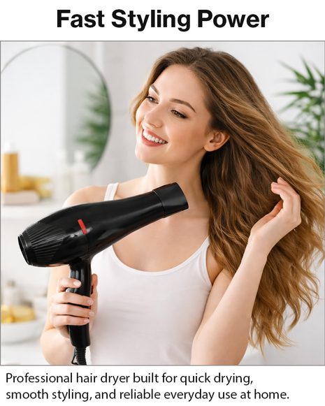 Professional Hair Dryer 6000W 220V with Styling Nozzle, 3 Heat Settings, 2 Speeds, Cool Shot, ABS Plastic Black