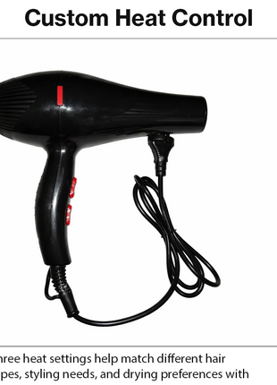 Professional Hair Dryer 6000W 220V with Diffuser & Styling Nozzle, 3 Heat Settings, 2 Speeds, Cool Shot, ABS Plastic Black