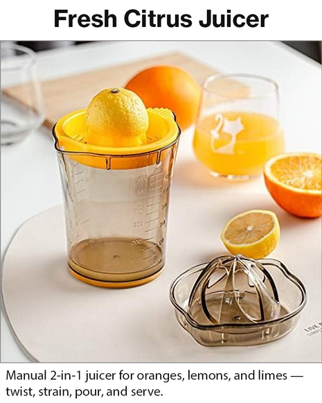Manual Citrus Juicer with Measuring Cup & Lid – 2-in-1 Hand Reamer for Oranges, Lemons & Limes
