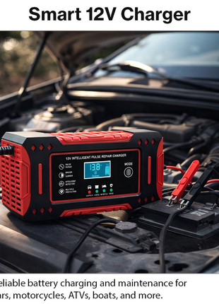 12V 6A Smart Pulse Battery Charger for 2Ah–100Ah Lead-Acid, AGM, Gel – Auto Repair, LCD Display