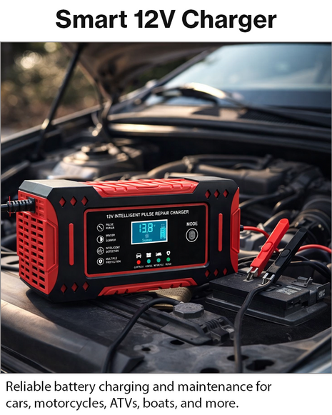 12V 6A Smart Pulse Battery Charger for 2Ah–100Ah Lead-Acid, AGM, Gel – Auto Repair, LCD Display