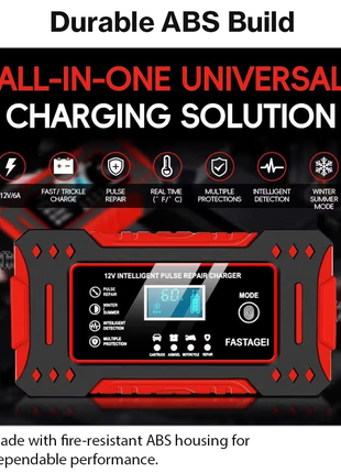 12V 6A Smart Pulse Battery Charger for 2Ah–100Ah Lead-Acid, AGM, Gel – Auto Repair, LCD Display