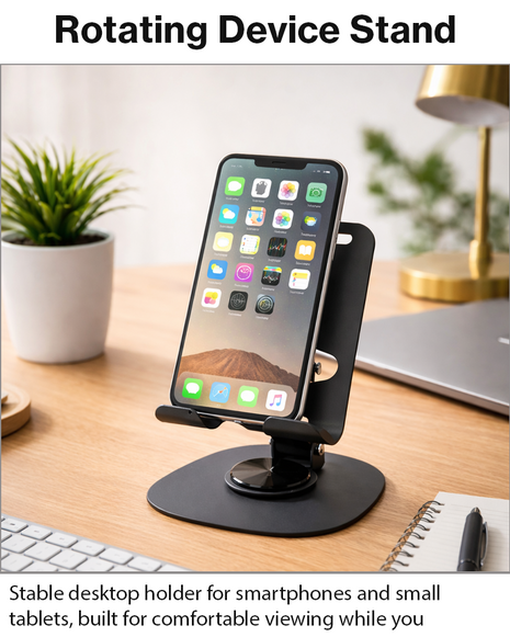 Aluminum Desktop Phone & Small Tablet Stand with 360° Rotating Base Silicone Pads Metal Desk Holder