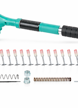 Manual Spring-Loaded Nail Gun Tool Kit with 50 Rivets, Ergonomic Grip, Portable Steel Construction for Woodworking, Drywall and Metal Fastening