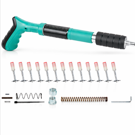 Manual Spring-Loaded Nail Gun Tool Kit with 50 Rivets, Ergonomic Grip, Portable Steel Construction for Woodworking, Drywall and Metal Fastening