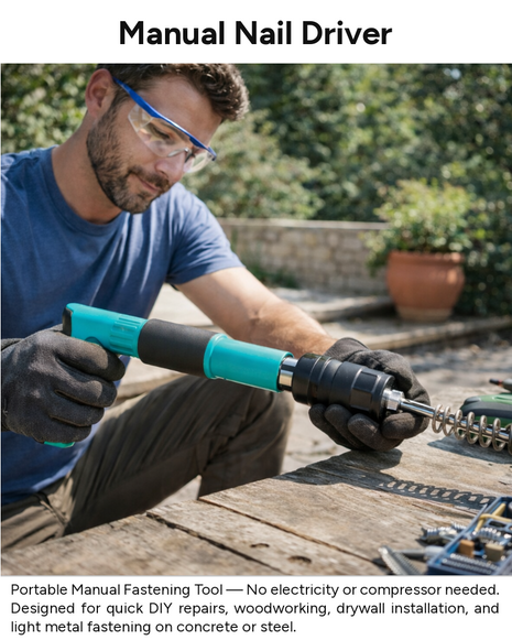 Manual Spring-Loaded Nail Gun Tool Kit with 50 Rivets, Ergonomic Grip, Portable Steel Construction for Woodworking, Drywall and Metal Fastening