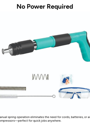 Manual Spring-Loaded Nail Gun Tool Kit with 50 Rivets, Ergonomic Grip, Portable Steel Construction for Woodworking, Drywall and Metal Fastening