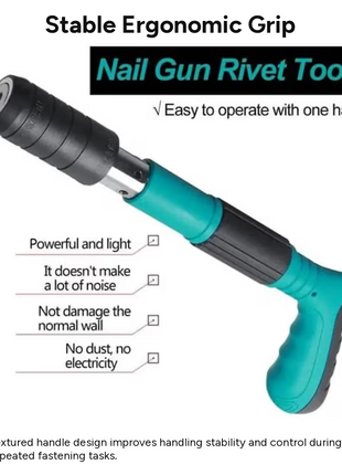 Manual Spring-Loaded Nail Gun Tool Kit with 50 Rivets, Ergonomic Grip, Portable Steel Construction for Woodworking, Drywall and Metal Fastening