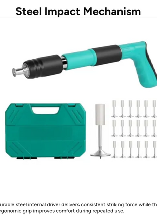 Manual Spring-Loaded Nail Gun Tool Kit with 50 Rivets, Ergonomic Grip, Portable Steel Construction for Woodworking, Drywall and Metal Fastening