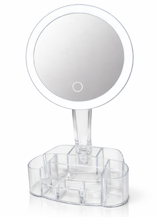 LED Illuminated Cosmetic Mirror with Organizer Base, 26 LED Lights, 1× Magnification, 90° Rotating Vanity Mirror, Battery Powered, 150 mm