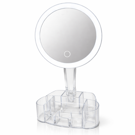 LED Illuminated Cosmetic Mirror with Organizer Base, 26 LED Lights, 1× Magnification, 90° Rotating Vanity Mirror, Battery Powered, 150 mm