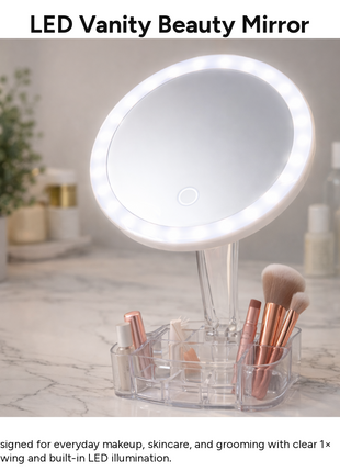 LED Illuminated Cosmetic Mirror with Organizer Base, 26 LED Lights, 1× Magnification, 90° Rotating Vanity Mirror, Battery Powered, 150 mm