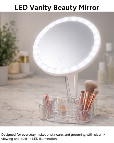 LED Illuminated Cosmetic Mirror with Organizer Base, 26 LED Lights, 1× Magnification, 90° Rotating Vanity Mirror, Battery Powered, 150 mm
