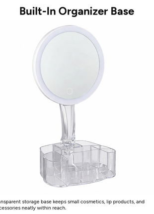 LED Illuminated Cosmetic Mirror with Organizer Base, 26 LED Lights, 1× Magnification, 90° Rotating Vanity Mirror, Battery Powered, 150 mm