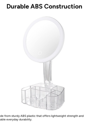 LED Illuminated Cosmetic Mirror with Organizer Base, 26 LED Lights, 1× Magnification, 90° Rotating Vanity Mirror, Battery Powered, 150 mm