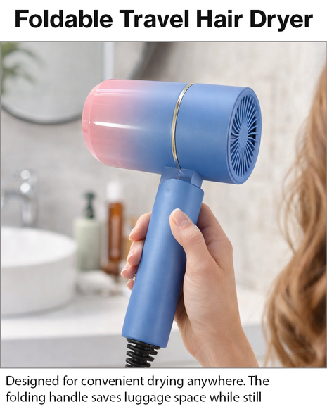 Mini Foldable Travel Hair Dryer 800W Compact DC Motor Dual Speed Dual Heat 240V Portable with Concentrator Nozzle