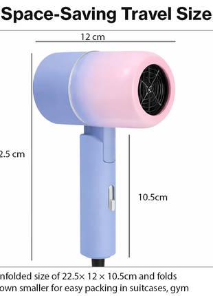 Mini Foldable Travel Hair Dryer 800W Compact DC Motor Dual Speed Dual Heat 240V Portable with Concentrator Nozzle