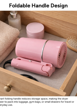 Mini Foldable Travel Hair Dryer 800W Compact DC Motor Dual Speed Dual Heat 240V-Portable with Concentrator Nozzle