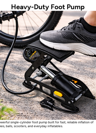 Foot Pump with Gauge – High-Pressure Steel Frame Pedal Inflator – Multi-Valve Compatibility