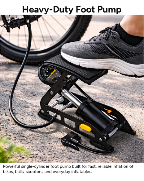 Foot Pump with Gauge – High-Pressure Steel Frame Pedal Inflator – Multi-Valve Compatibility