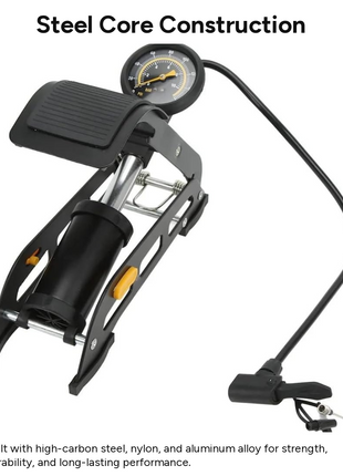 Foot Pump with Gauge – High-Pressure Steel Frame Pedal Inflator – Multi-Valve Compatibility