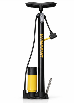 Manual Floor Air Pump 7 Bar (101 PSI) Portable Tire Inflator for Bicycle, Car, Motorcycle & Sports Balls – Black Yellow Steel Pump