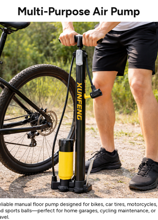 Manual Floor Air Pump 7 Bar (101 PSI) Portable Tire Inflator for Bicycle, Car, Motorcycle & Sports Balls – Black Yellow Steel Pump