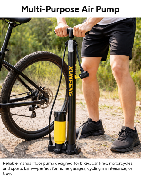 Manual Floor Air Pump 7 Bar (101 PSI) Portable Tire Inflator for Bicycle, Car, Motorcycle & Sports Balls – Black Yellow Steel Pump