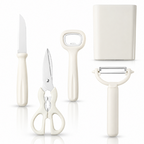 5-Piece Kitchen Tool Set – Scissors, Paring Knife, Peeler & Bottle Opener with Storage Stand