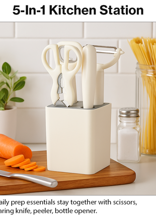 5-Piece Kitchen Tool Set – Scissors, Paring Knife, Peeler & Bottle Opener with Storage Stand