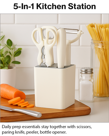 5-Piece Kitchen Tool Set – Scissors, Paring Knife, Peeler & Bottle Opener with Storage Stand