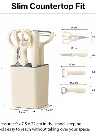 5-Piece Kitchen Tool Set – Scissors, Paring Knife, Peeler & Bottle Opener with Storage Stand