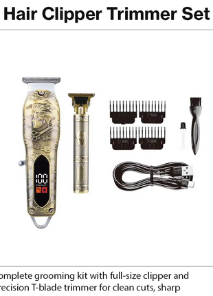 Professional T-Blade Hair Clipper Trimmer Set with Digital Display, Stainless Steel Blade, Cordless Rechargeable Grooming Kit, Gold/Silver