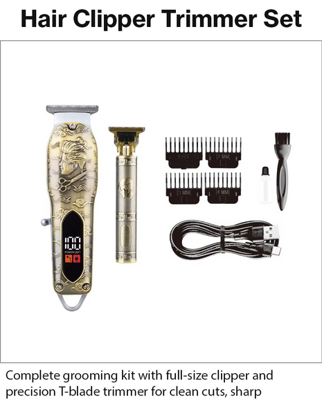 Professional T-Blade Hair Clipper Trimmer Set with Digital Display, Stainless Steel Blade, Cordless Rechargeable Grooming Kit, Gold/Silver