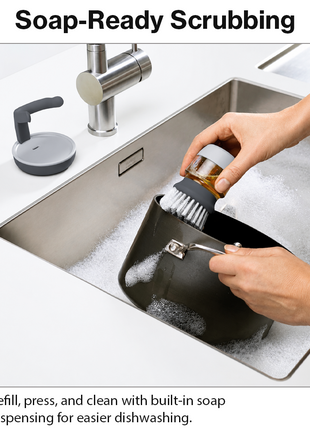 Soap Dispensing Palm Brush with Storage Stand – Refillable Dish Scrubber for Kitchen