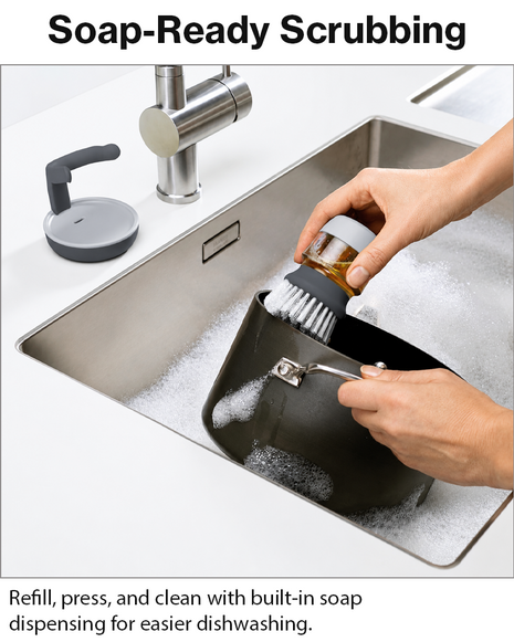 Soap Dispensing Palm Brush with Storage Stand – Refillable Dish Scrubber for Kitchen