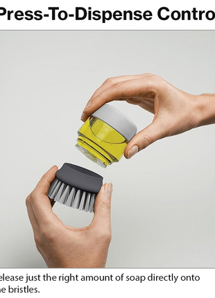 Soap Dispensing Palm Brush with Storage Stand – Refillable Dish Scrubber for Kitchen