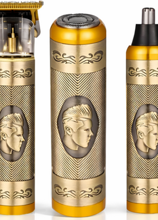 3-in-1 Vintage Grooming Set for Men USB Rechargeable T-Blade Trimmer Rotary Shaver Precision Edger with 3 Guide Combs Li-ion Battery