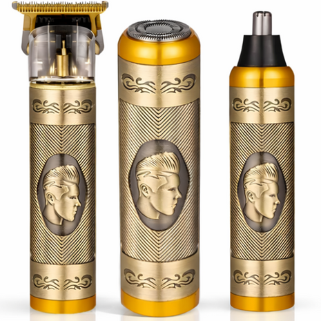 3-in-1 Vintage Grooming Set for Men USB Rechargeable T-Blade Trimmer Rotary Shaver Precision Edger with 3 Guide Combs Li-ion Battery