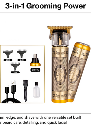 3-in-1 Vintage Grooming Set for Men USB Rechargeable T-Blade Trimmer Rotary Shaver Precision Edger with 3 Guide Combs Li-ion Battery