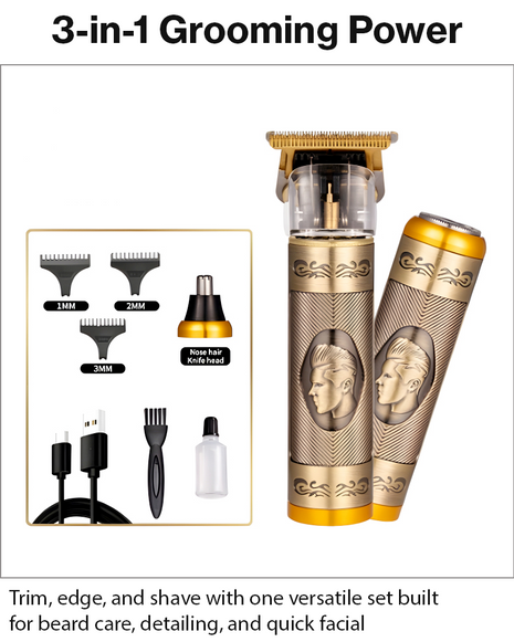 3-in-1 Vintage Grooming Set for Men USB Rechargeable T-Blade Trimmer Rotary Shaver Precision Edger with 3 Guide Combs Li-ion Battery