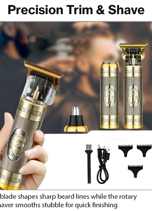 3-in-1 Vintage Grooming Set for Men USB Rechargeable T-Blade Trimmer Rotary Shaver Precision Edger with 3 Guide Combs Li-ion Battery